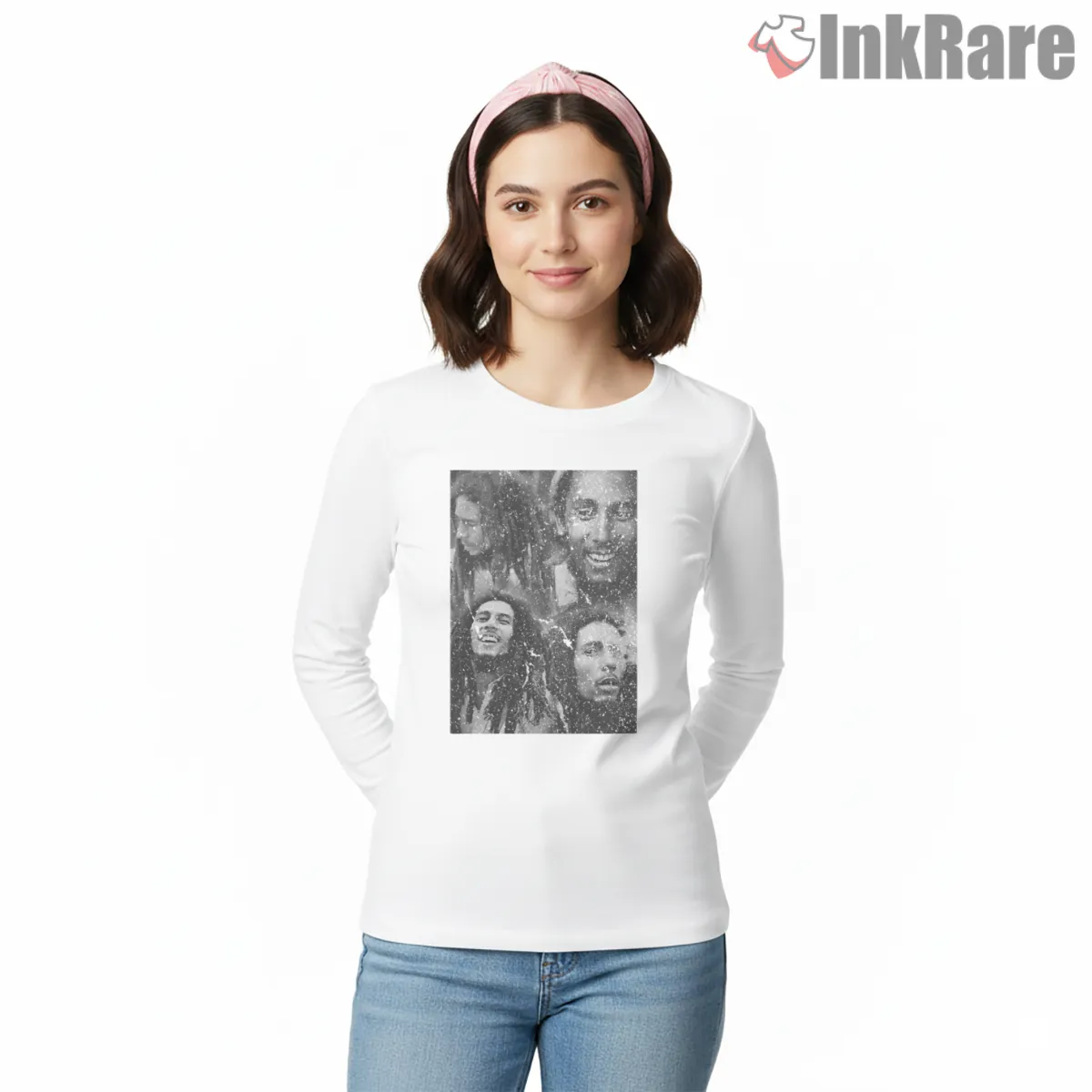 Bob Marley Reggae Face Collage Long Sleeve White Bob Marley Reggae Face Collage Shirt on white long sleeve shirt for women graphic tee