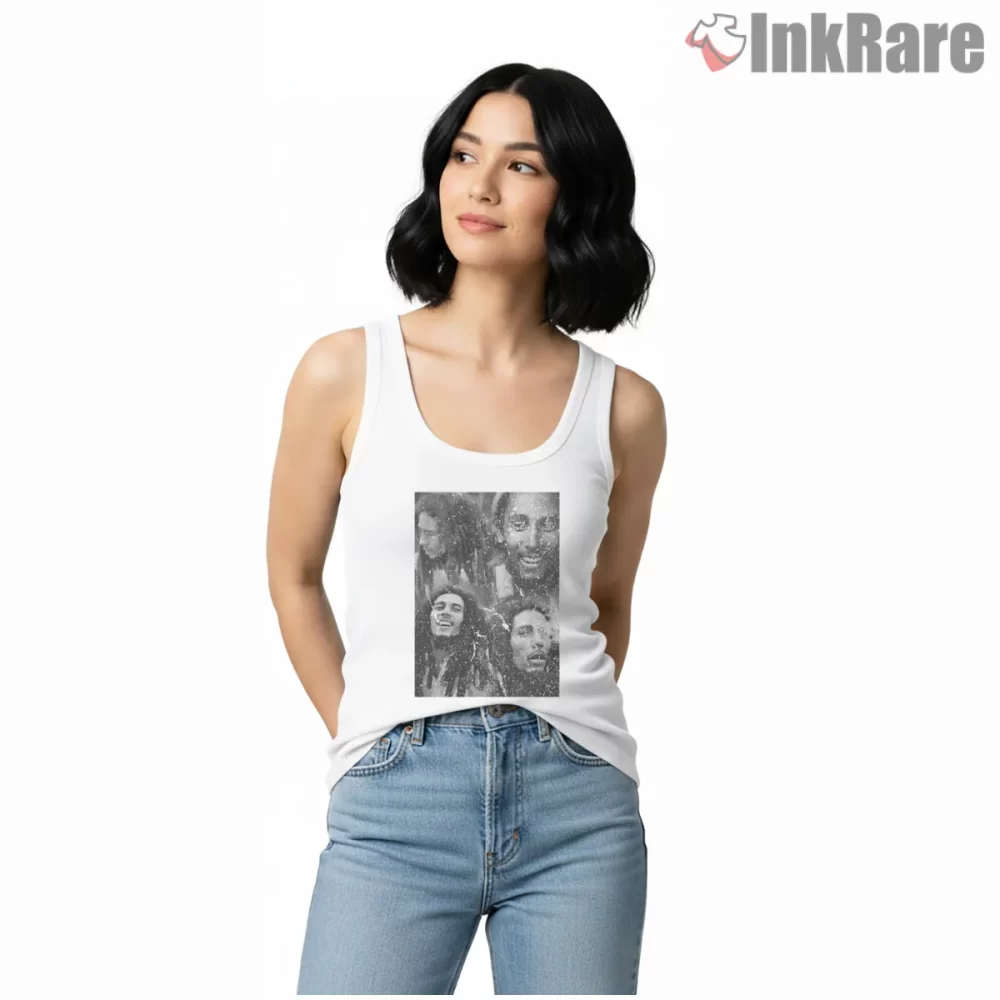 Bob Marley Reggae Face Collage Shirt on white tank top for women graphic tee