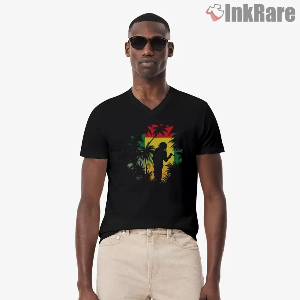Bob Marley Reggae Island Silhouette Shirt on black v-neck shirt for men graphic tee