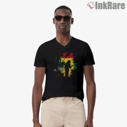 Bob Marley Reggae Island Silhouette Shirt on black v-neck shirt for men graphic tee