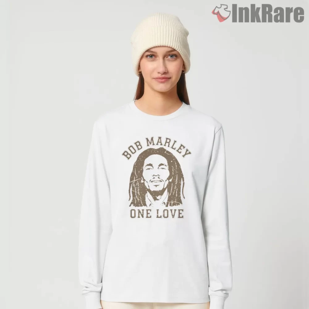 Bob Marley Reggae Legend One Love Emblem Shirt on white long sleeve shirt for women graphic tee