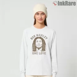 Bob Marley Reggae Legend One Love Emblem Shirt on white long sleeve shirt for women graphic tee