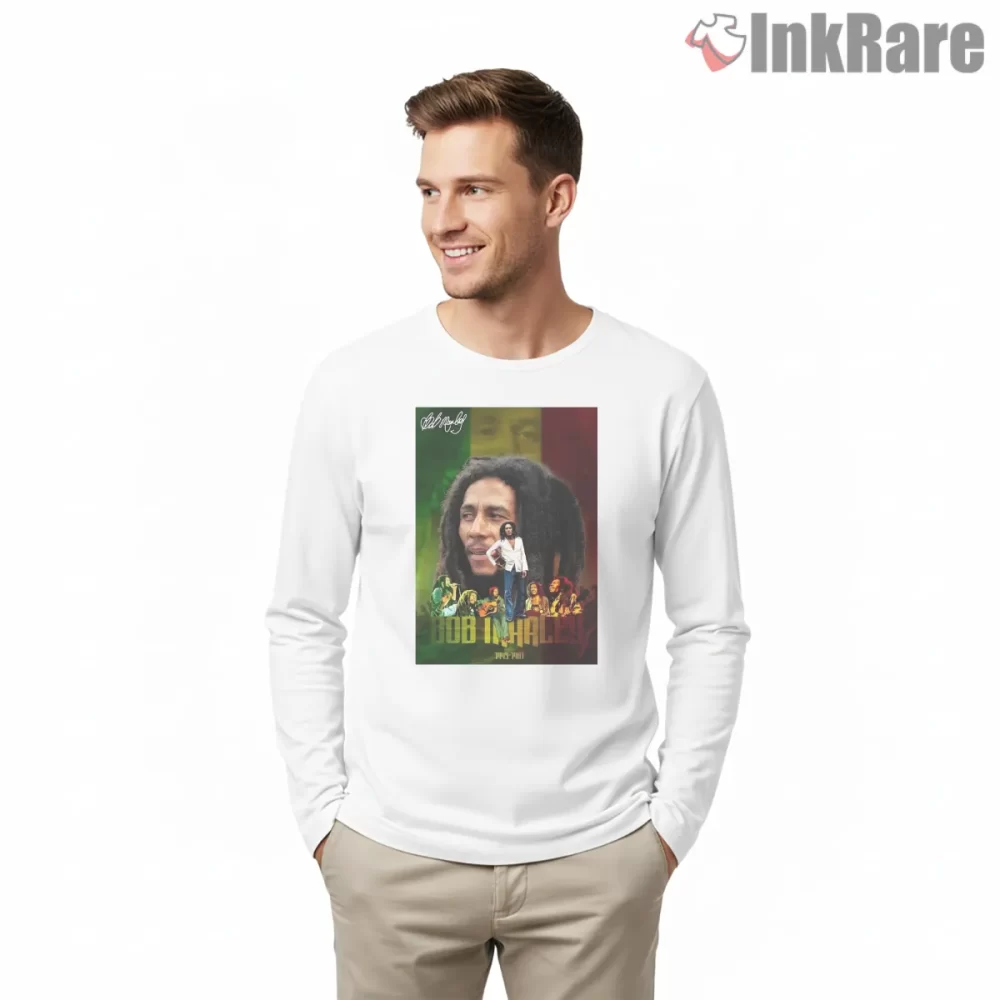 Bob Marley Reggae Legends Tribute Collage Shirt on white long sleeve shirt for men graphic tee