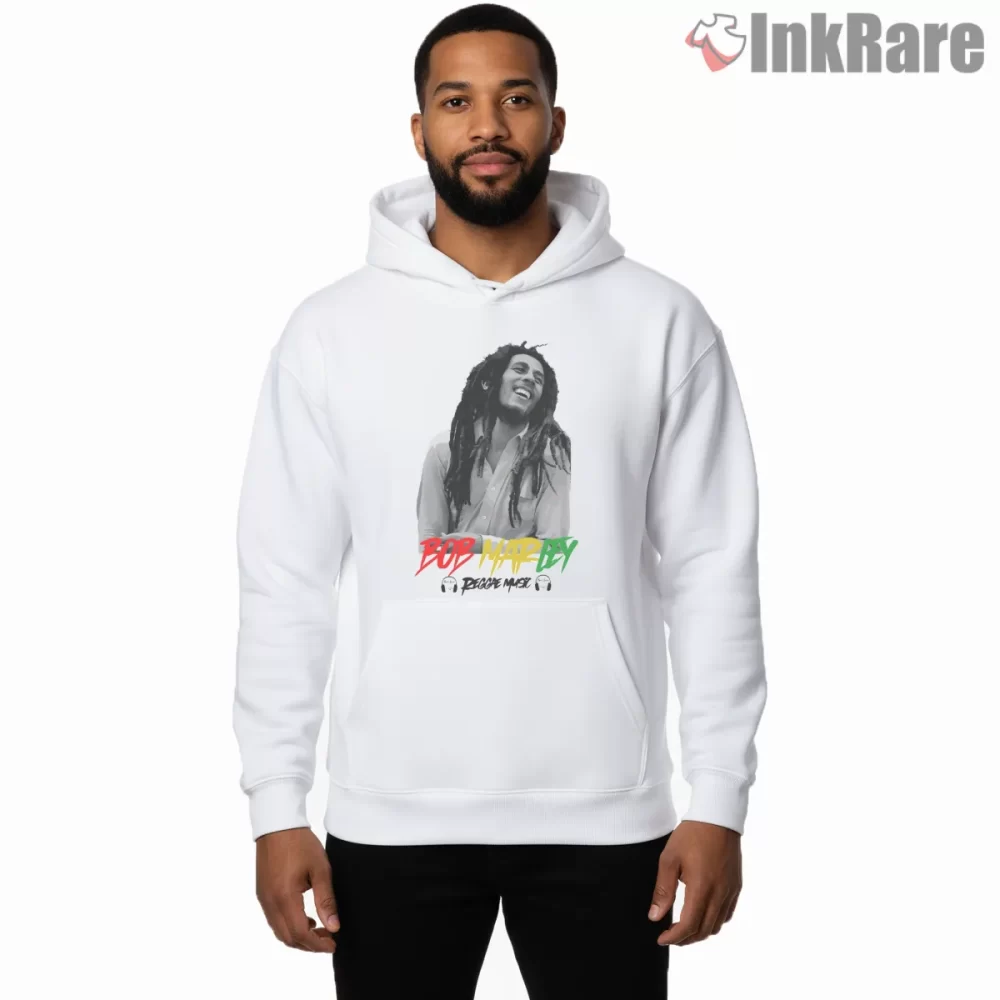 Bob Marley Reggae Music Signature Portrait Shirt on white hoodie for men graphic tee