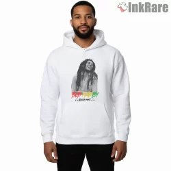 Bob Marley Reggae Music Signature Portrait Shirt on white hoodie for men graphic tee