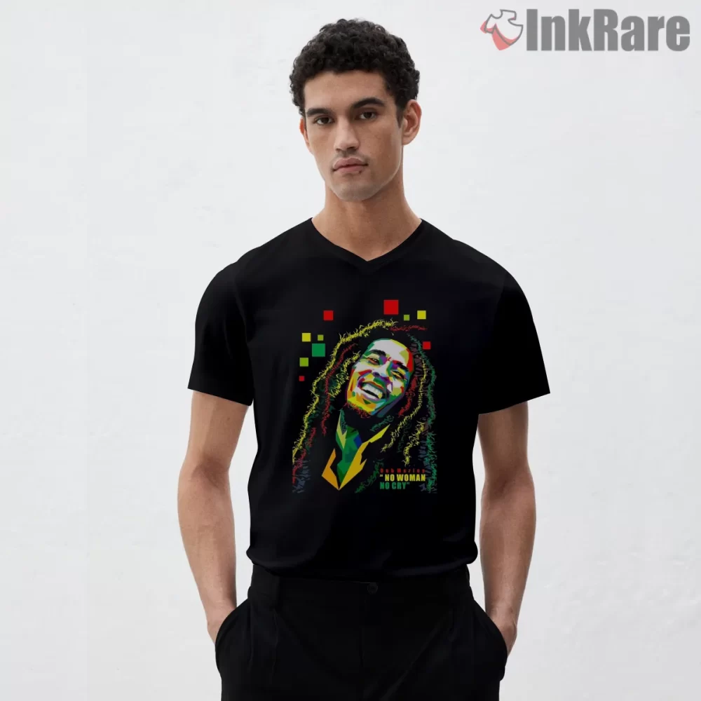Bob Marley Reggae Pop Art No Woman Message Shirt on black v-neck shirt for men graphic tee