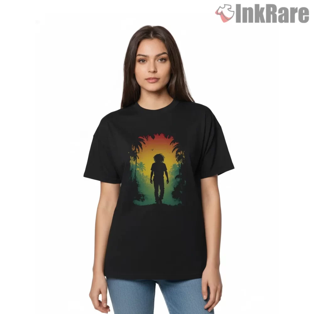 Bob Marley Reggae Sunset Silhouette Shirt on black short sleeve shirt for women graphic tee