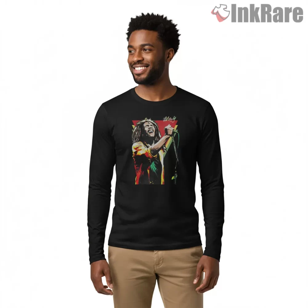 Bob Marley Retro Color Performance Shirt on black long sleeve shirt for men graphic tee