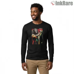 Bob Marley Retro Color Performance Shirt on black long sleeve shirt for men graphic tee