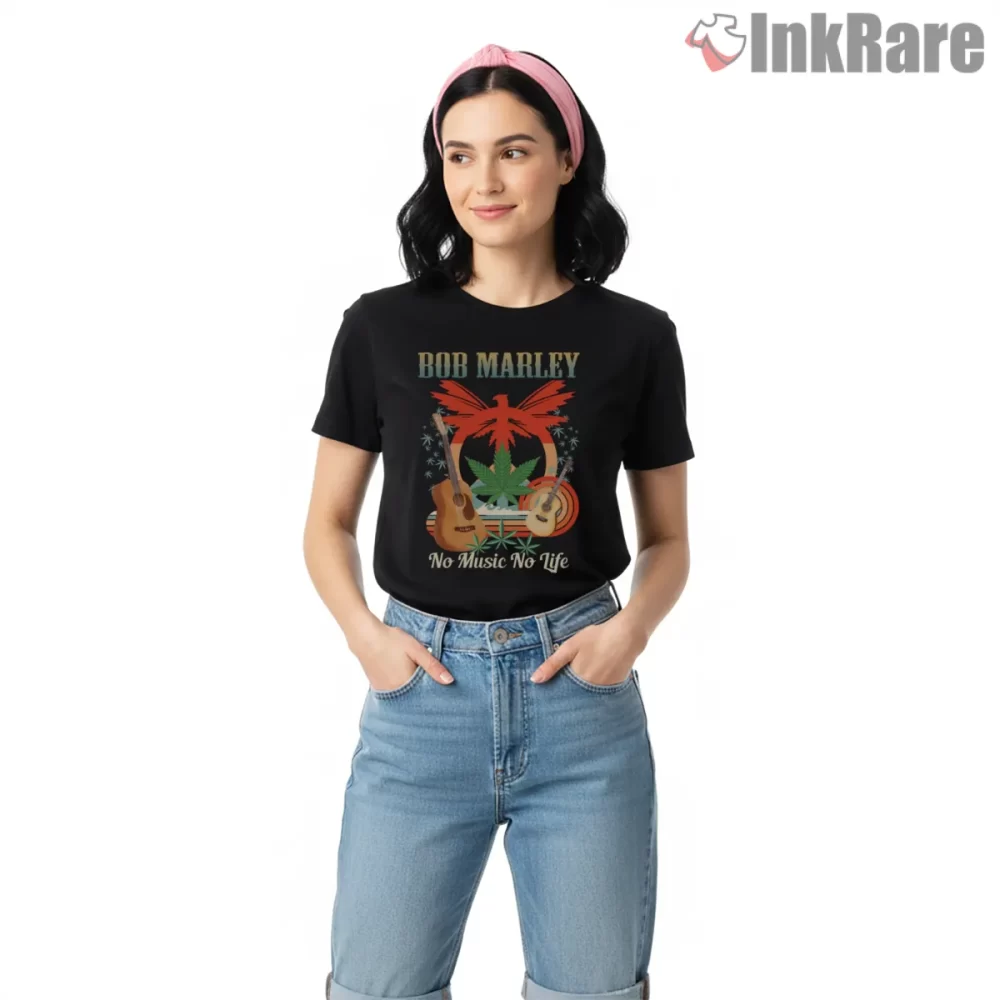 Bob Marley Retro Guitar Music Shirt on black short sleeve shirt for women graphic tee