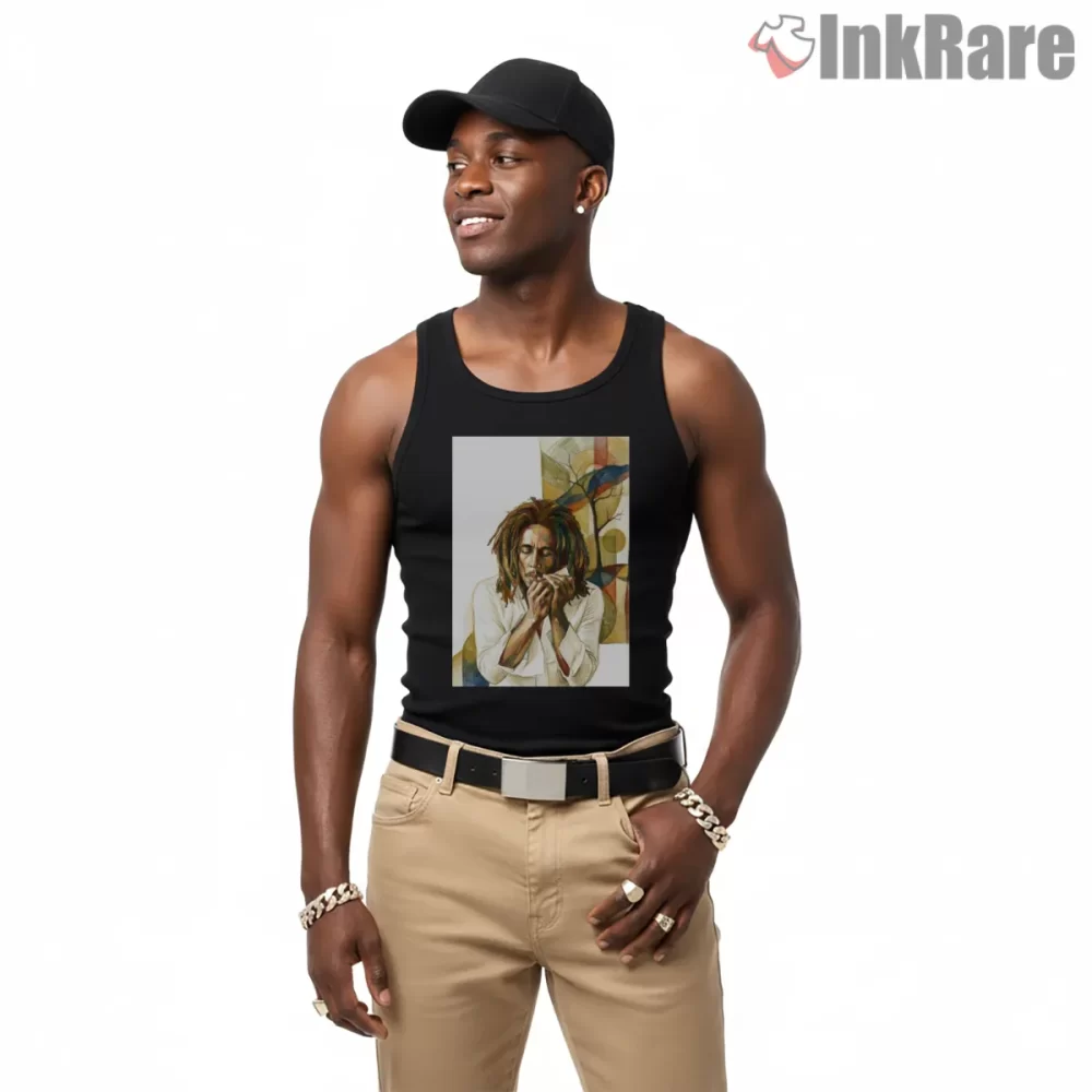 Bob Marley Retro Illustration Harmonica Shirt on black tank top for men graphic tee