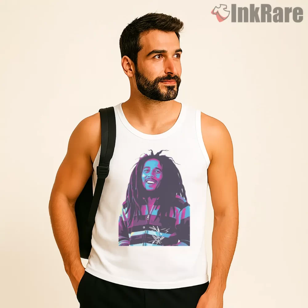 Bob Marley Retro Neon Reggae Portrait Shirt on white tank top for men graphic tee