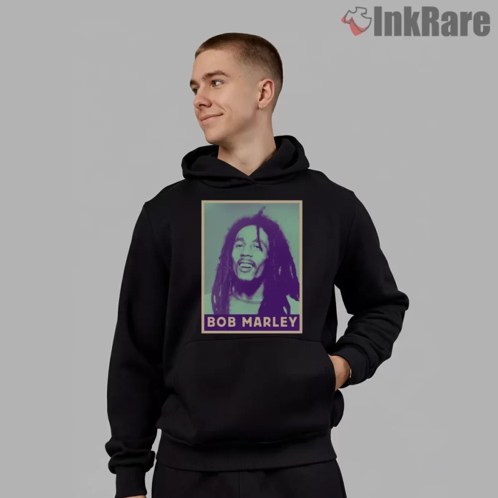 Bob Marley Retro Poster Style Portrait Shirt on black hoodie for men graphic tee