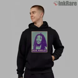 Bob Marley Retro Poster Style Portrait Shirt on black hoodie for men graphic tee