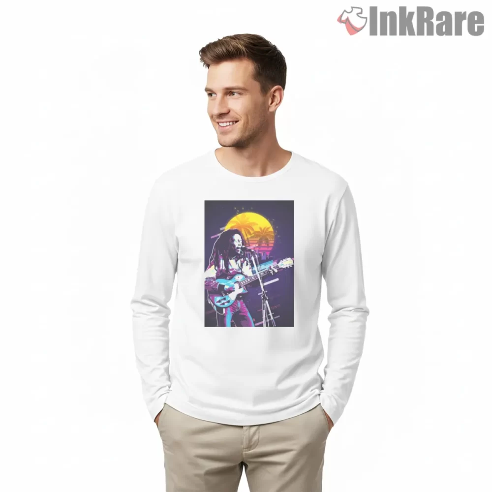 Bob Marley Retro Reggae Guitar Performance Shirt on white long sleeve shirt for men graphic tee
