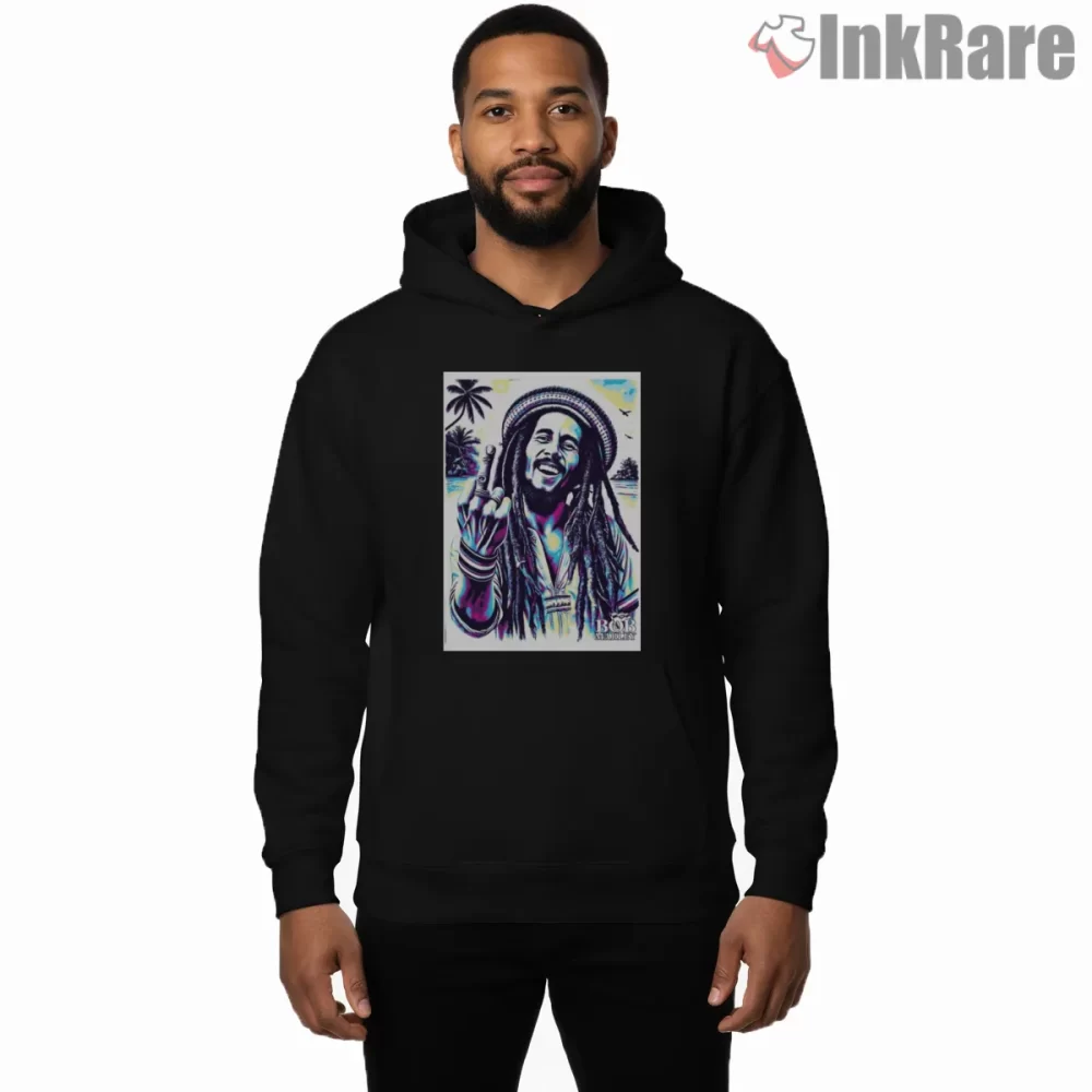 Bob Marley Retro Reggae Illustration Shirt on black hoodie for men graphic tee