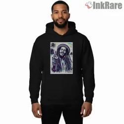 Bob Marley Retro Reggae Illustration Shirt on black hoodie for men graphic tee
