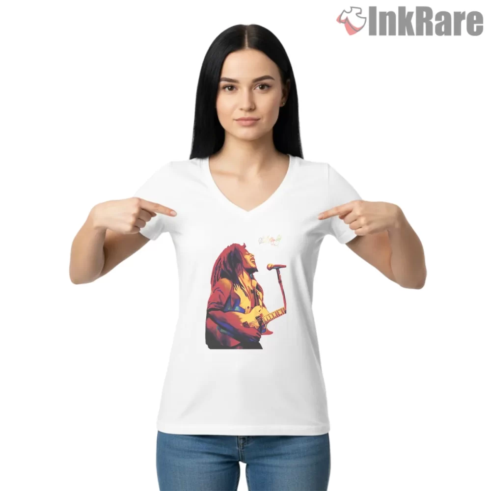 Bob Marley Retro Stage Performance Shirt on white v-neck shirt for women graphic tee