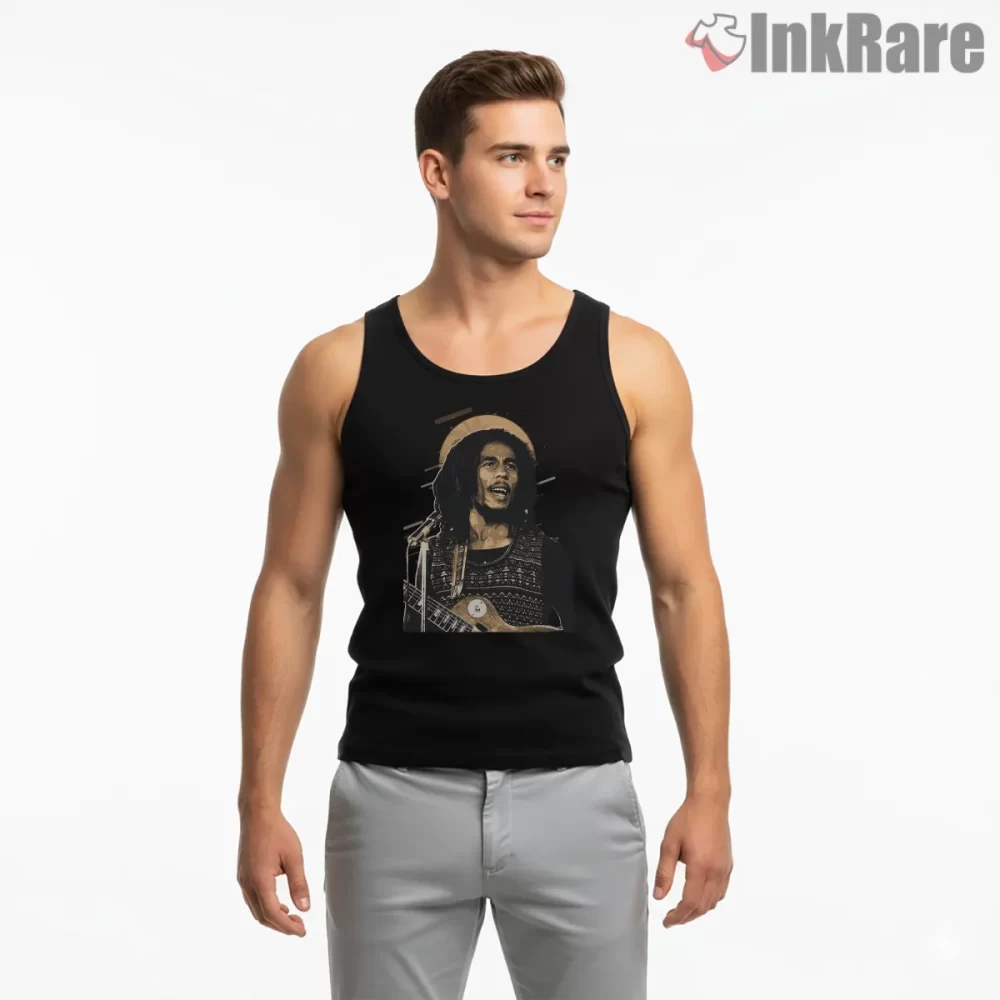 Bob Marley Retro Stage Portrait Art Shirt on black tank top for men graphic tee