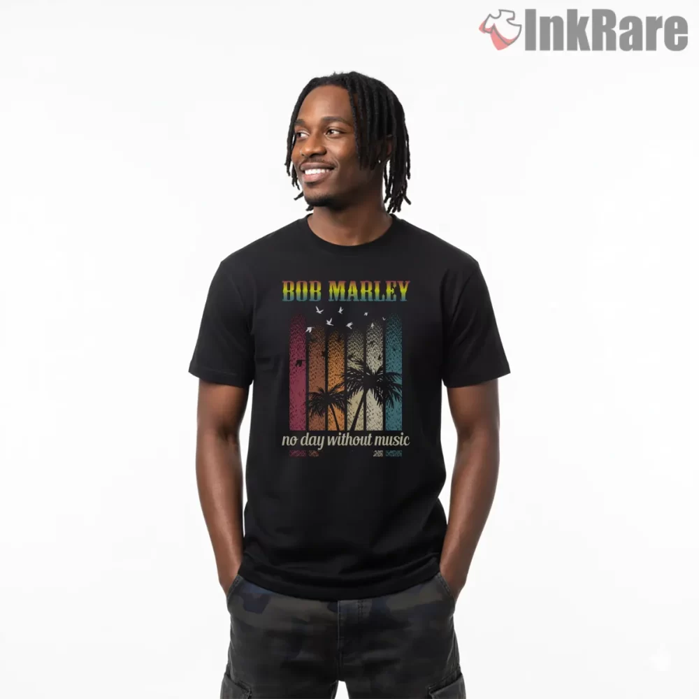 Bob Marley Retro Sunset Music Message Shirt on black short sleeve shirt for men graphic tee