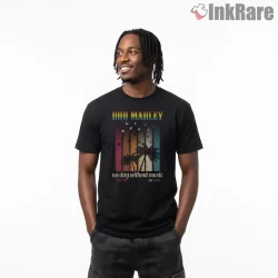 Bob Marley Retro Sunset Music Message Shirt on black short sleeve shirt for men graphic tee