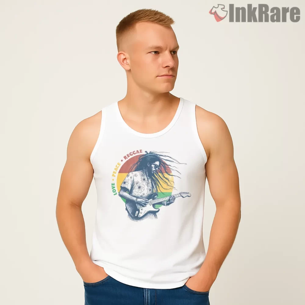 Bob Marley Rhythms Of Peace Guitar Illustration Shirt on white tank top for men graphic tee