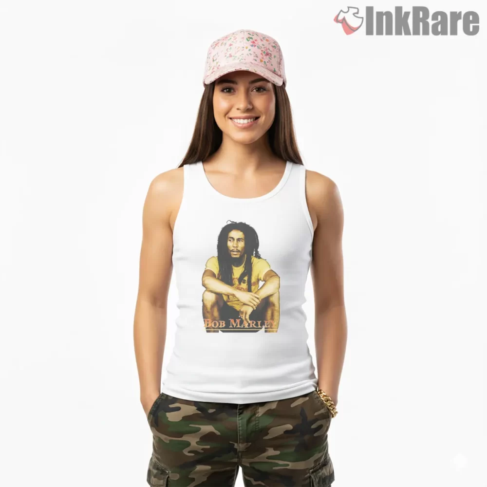 Bob Marley Seated Retro Calm Portrait Shirt on white tank top for women graphic tee