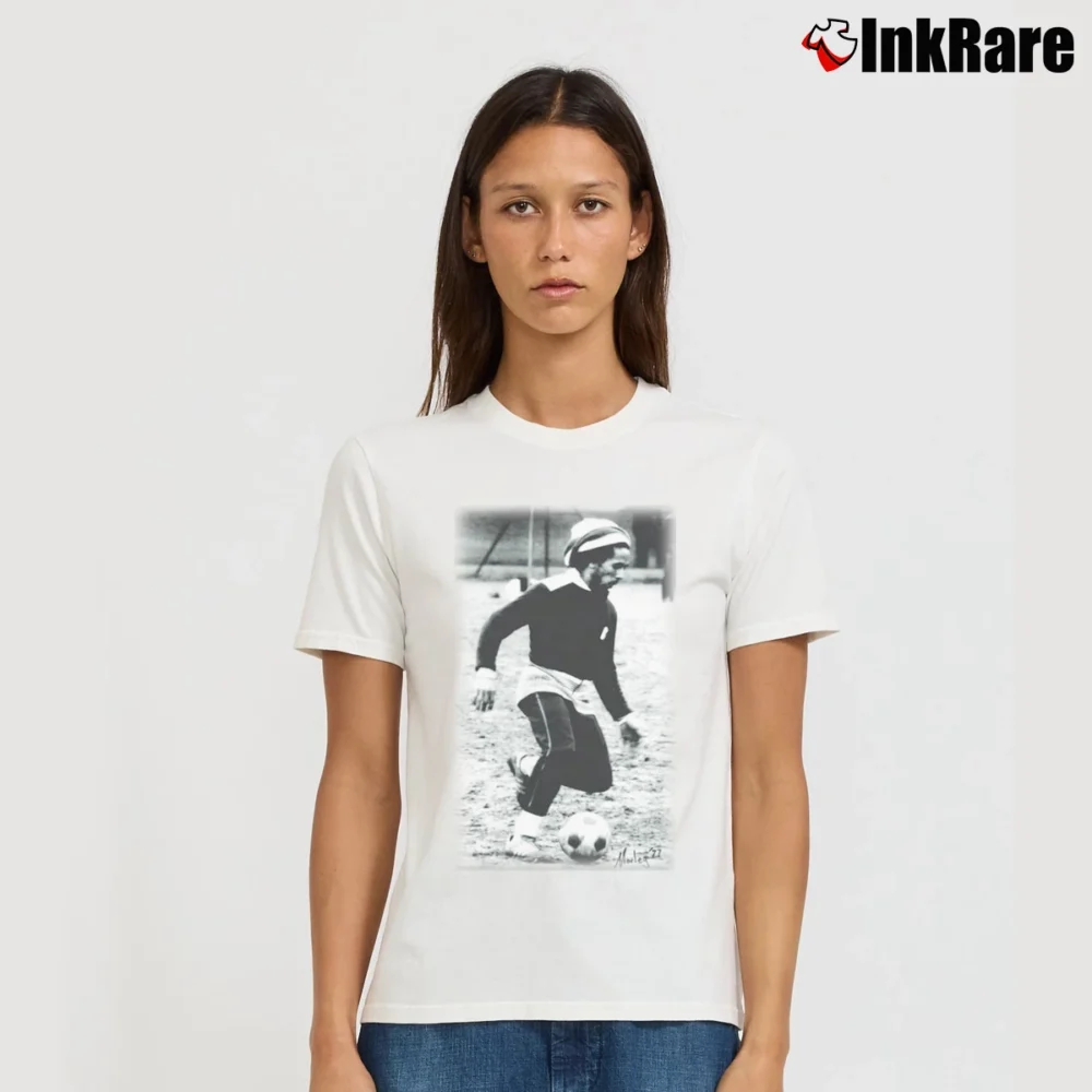 Women’s Bob Marley Soccer Reggae Icon Signature T-Shirt in white | Soft, Flattering Fit