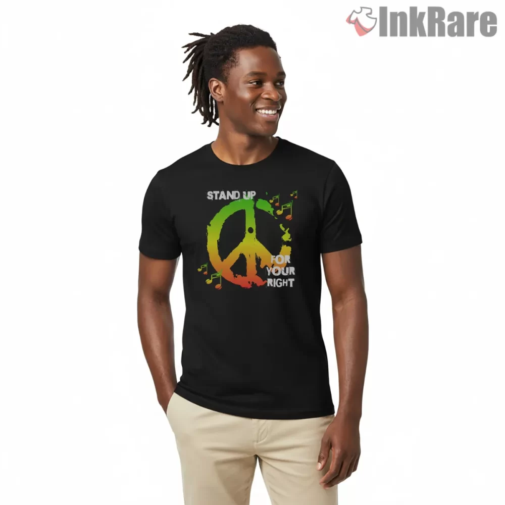 Bob Marley Stand Up Peace Tribute Shirt on black short sleeve shirt for men graphic tee