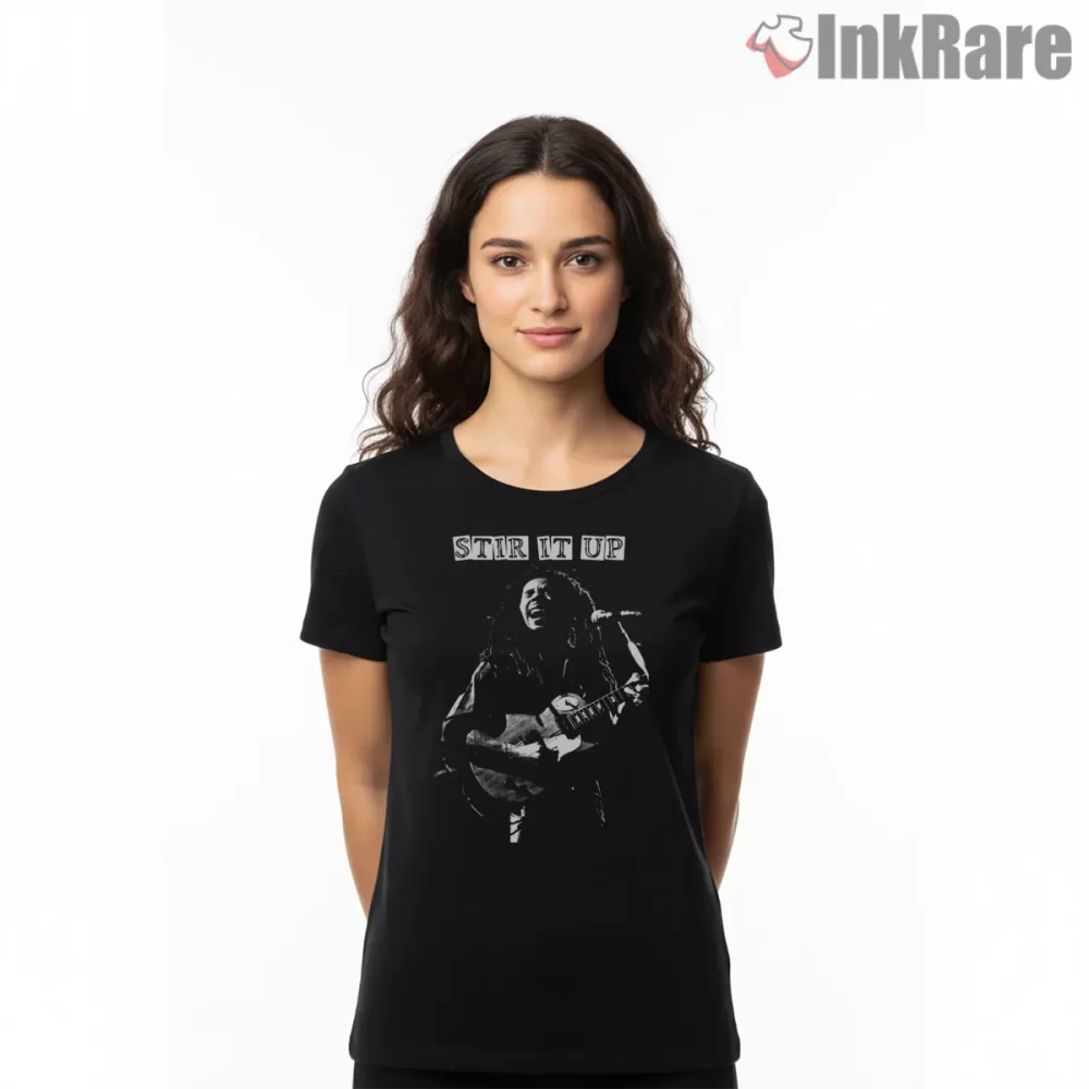 Bob Marley Stir It Up Live Performance Shirt on black short sleeve shirt for women graphic tee