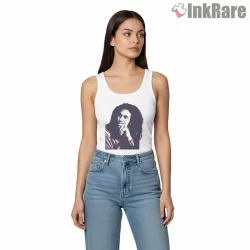 Bob Marley Thoughtful Retro Reggae Portrait Shirt on white tank top for women graphic tee
