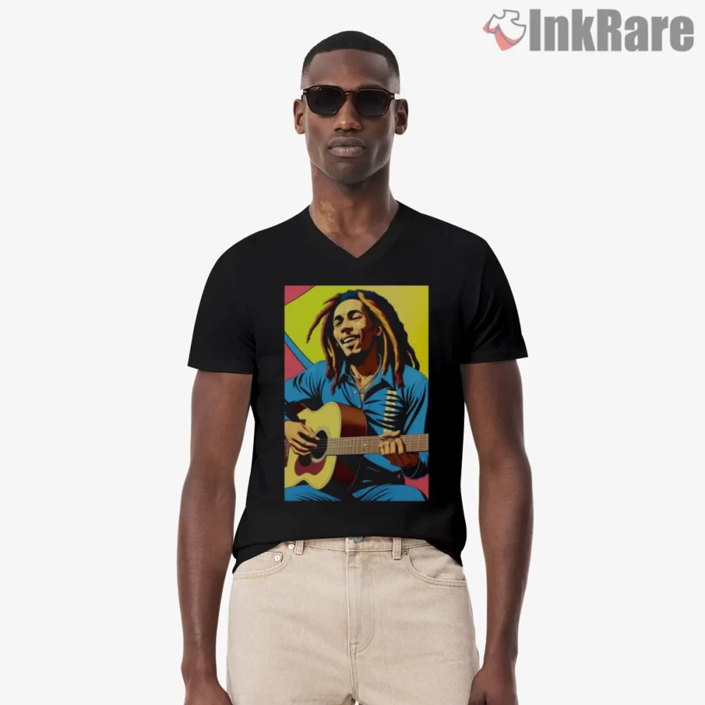 Bob Marley Three Little Birds Acoustic Art Shirt on black v-neck shirt for men graphic tee