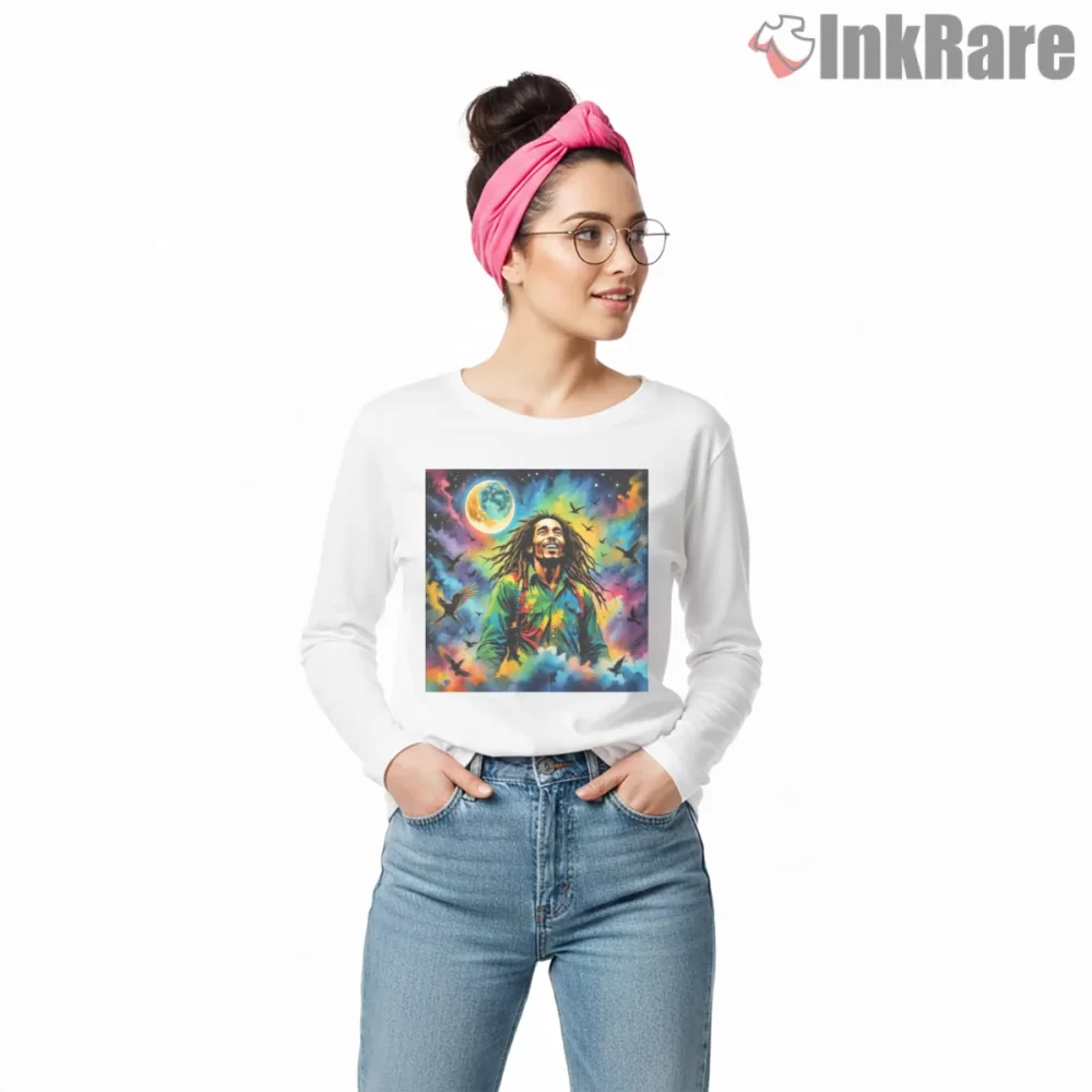 Bob Marley Three Little Birds Cosmic Dream Shirt on white long sleeve shirt for women graphic tee