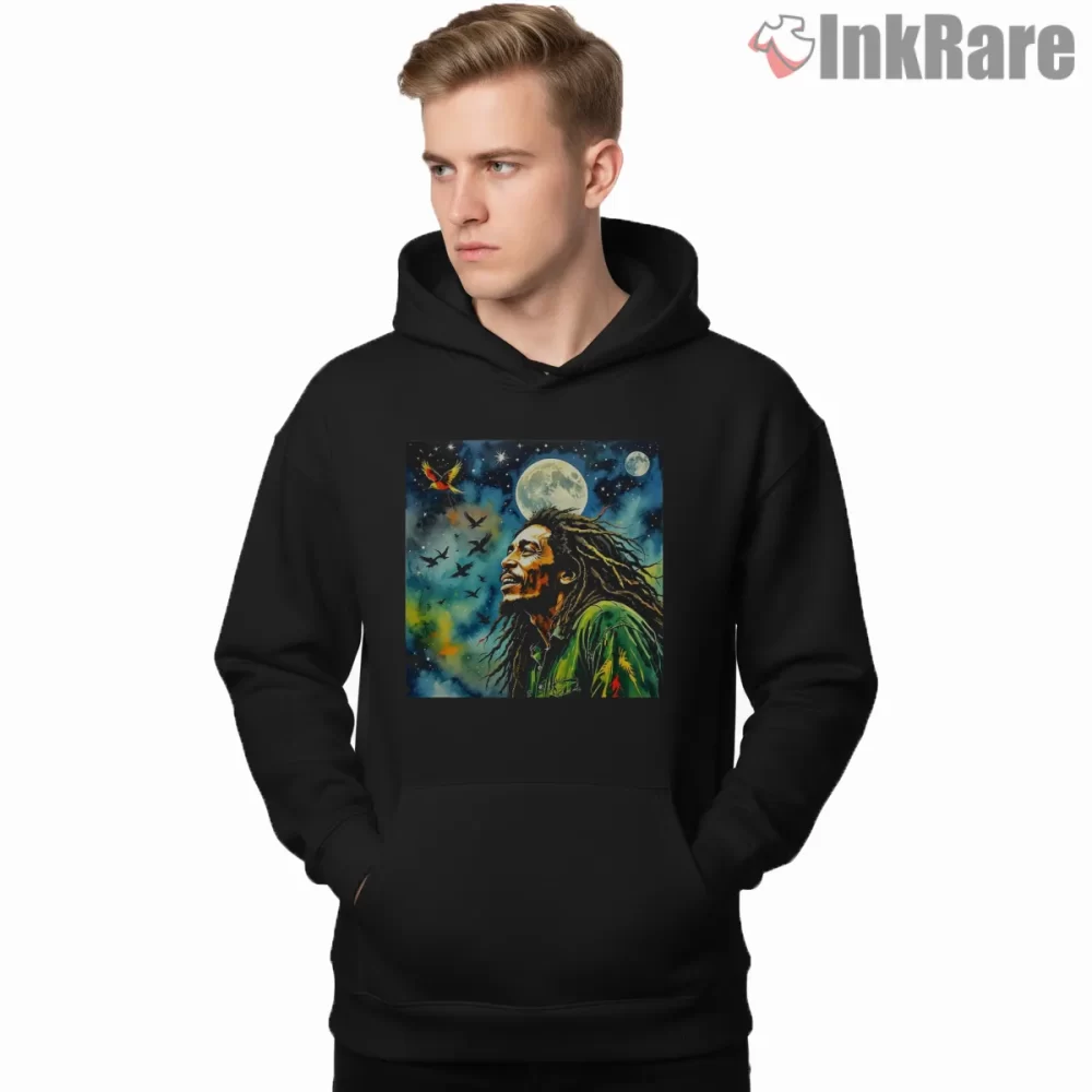 Bob Marley Three Little Birds Dream Sky Shirt on black hoodie for men graphic tee