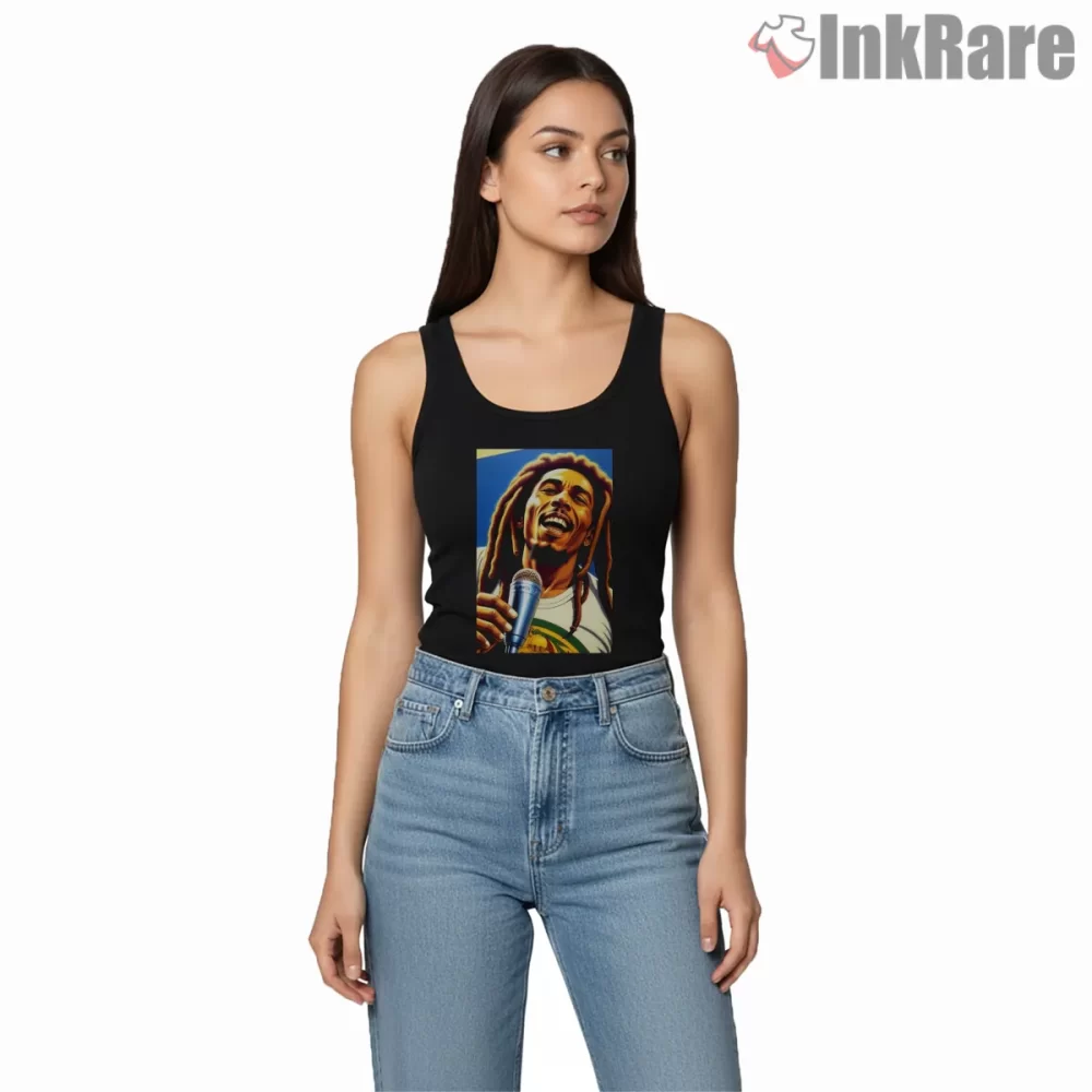 Bob Marley Three Little Birds Vocal Joy Shirt on black tank top for women graphic tee