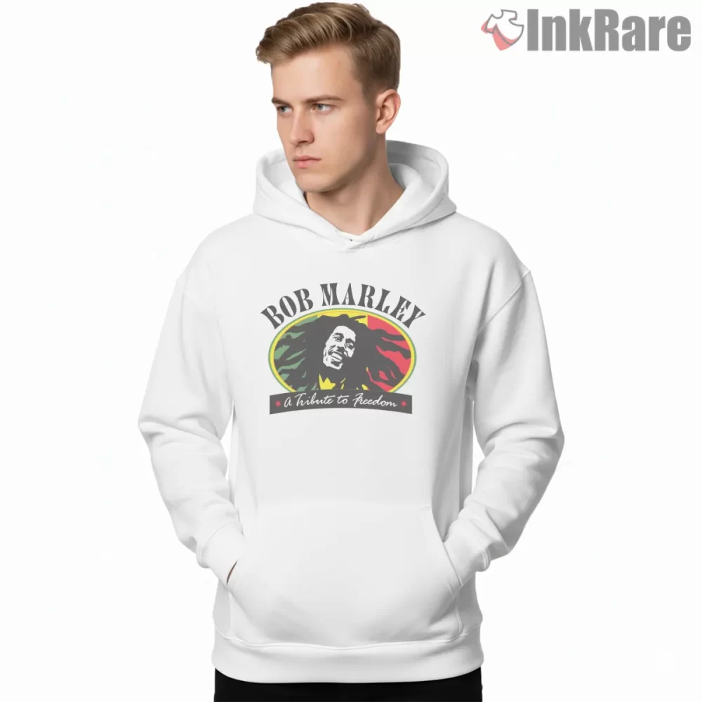Bob Marley Tribute To Freedom Emblem Shirt on white hoodie for men graphic tee