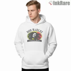 Bob Marley Tribute To Freedom Emblem Shirt on white hoodie for men graphic tee