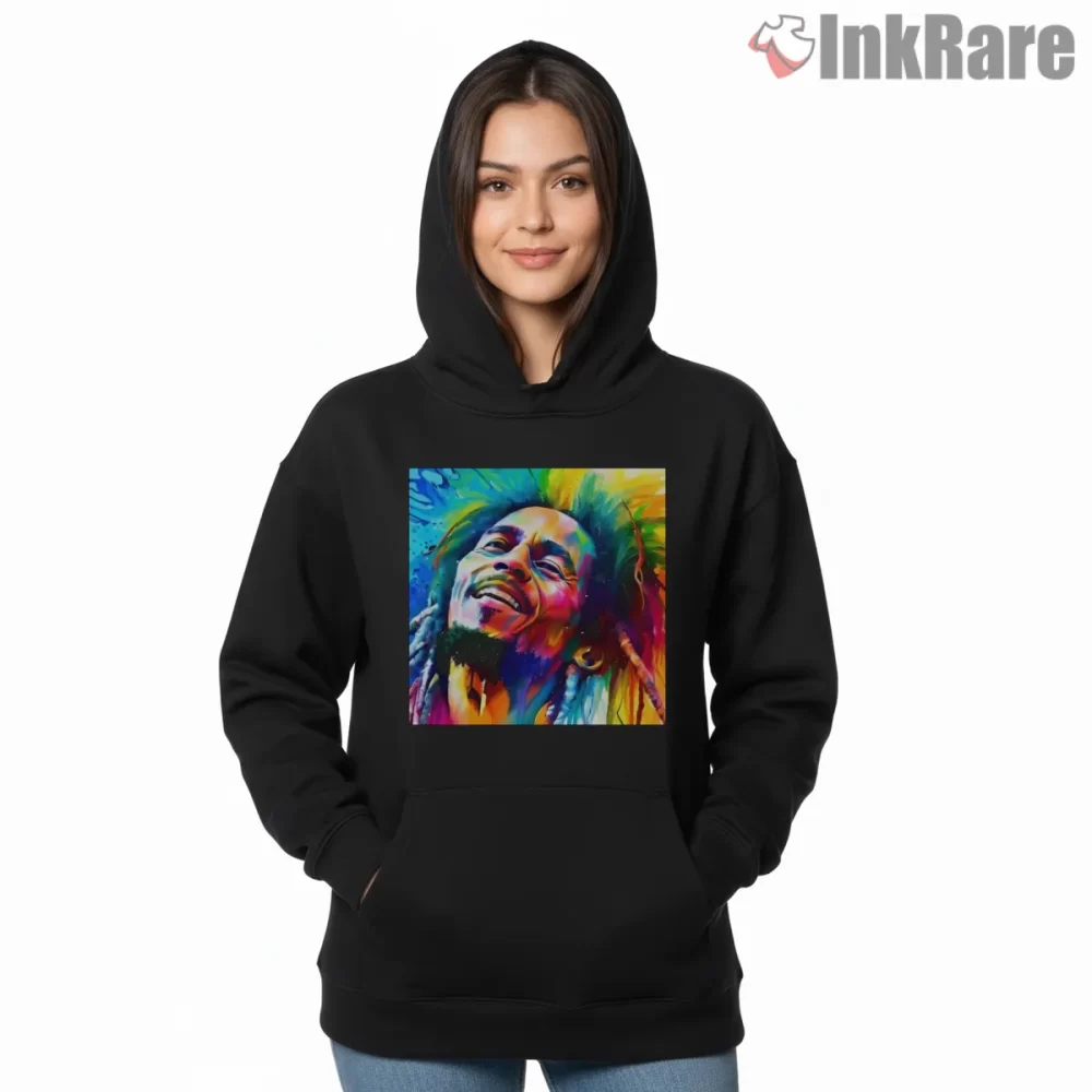 Bob Marley Vibrant Psychedelic Portrait Shirt on black hoodie for women graphic tee