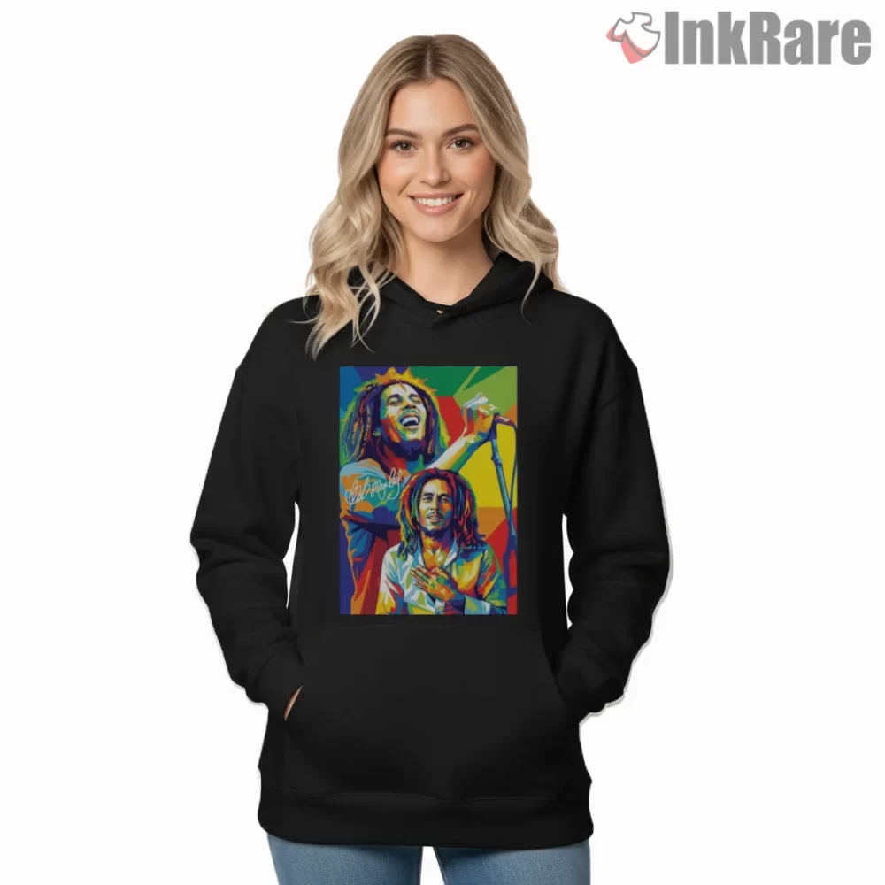 Bob Marley Vibrant Reggae Performance Art Shirt on black hoodie for women graphic tee