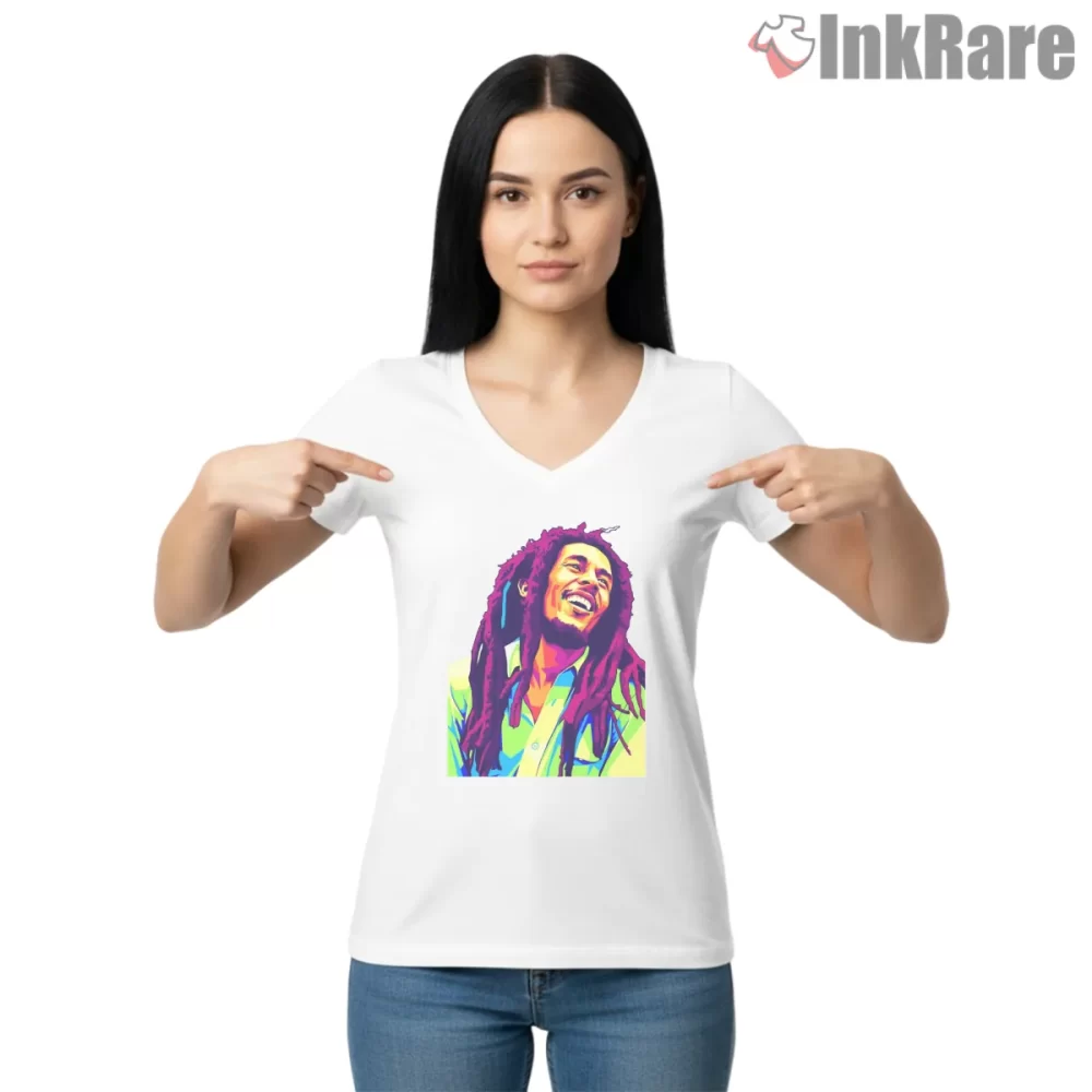 Bob Marley Vibrant Reggae Pop Art Portrait Shirt on white v-neck shirt for women graphic tee