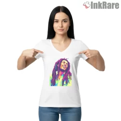 Bob Marley Vibrant Reggae Pop Art Portrait Shirt on white v-neck shirt for women graphic tee