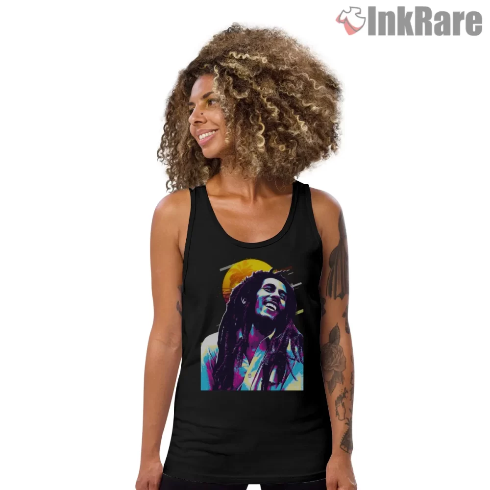 Bob Marley Vibrant Retro Eighties Art Shirt on black tank top for women graphic tee