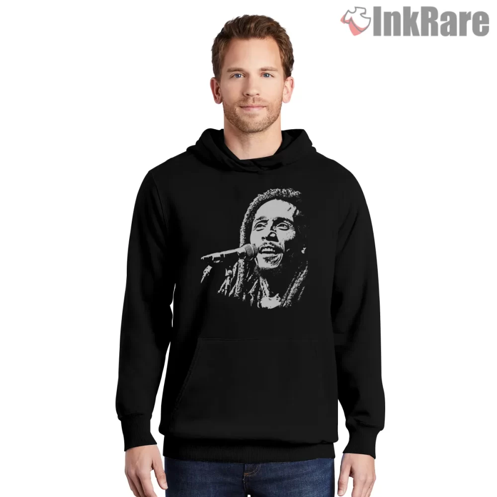 Bob Marley Vintage Black And White Microphone Portrait Shirt on black hoodie for men graphic tee