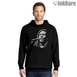 Bob Marley Vintage Black And White Microphone Portrait Shirt on black hoodie for men graphic tee
