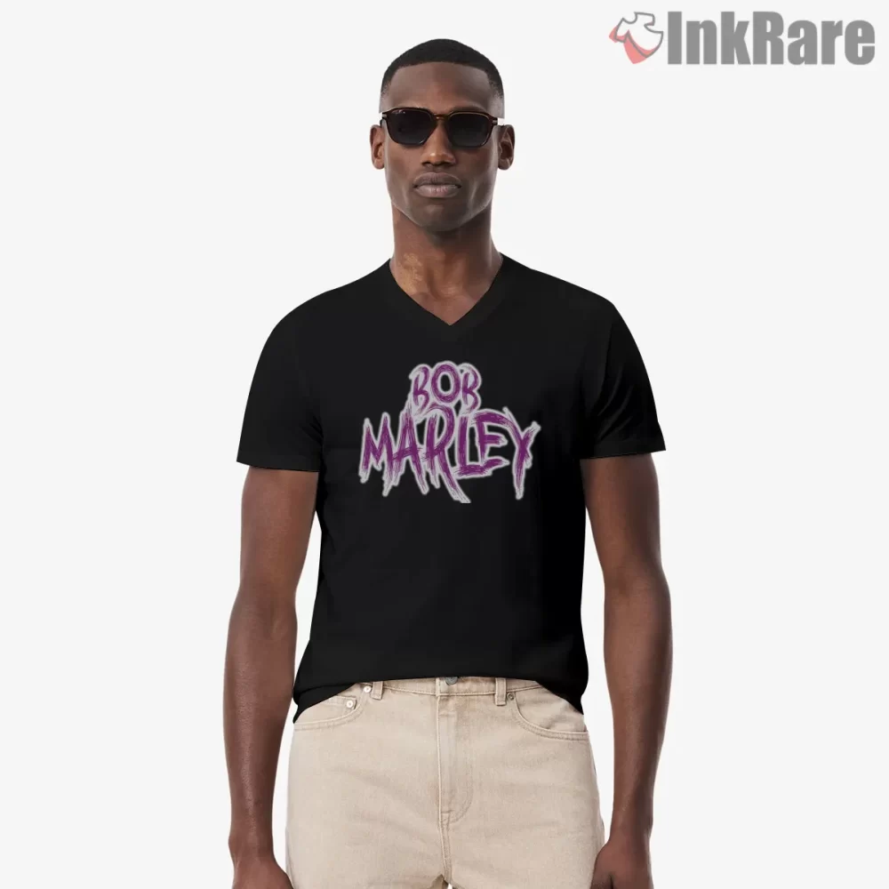 Bob Marley Vintage Handwritten Logo Shirt on black v-neck shirt for men graphic tee