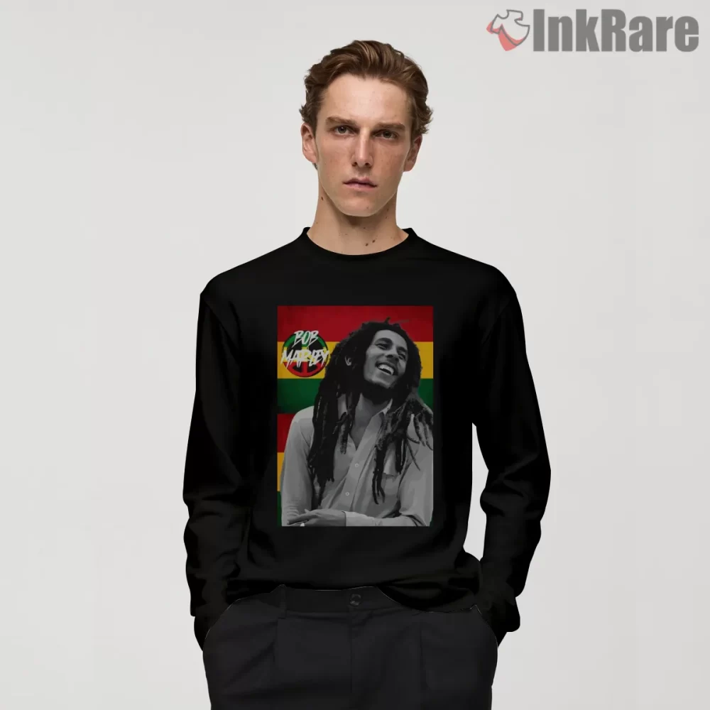 Bob Marley Vintage Reggae Portrait Smile Shirt on black long sleeve shirt for men graphic tee