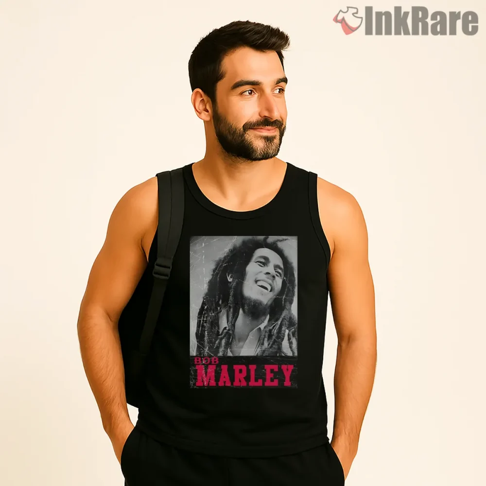 Bob Marley Vintage Reggae Smile Portrait Shirt on black tank top for men graphic tee