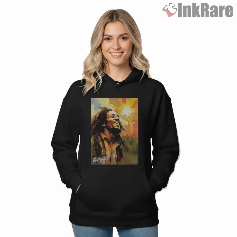 Bob Marley Vintage Reggae Sunlit Portrait Shirt on black hoodie for women graphic tee