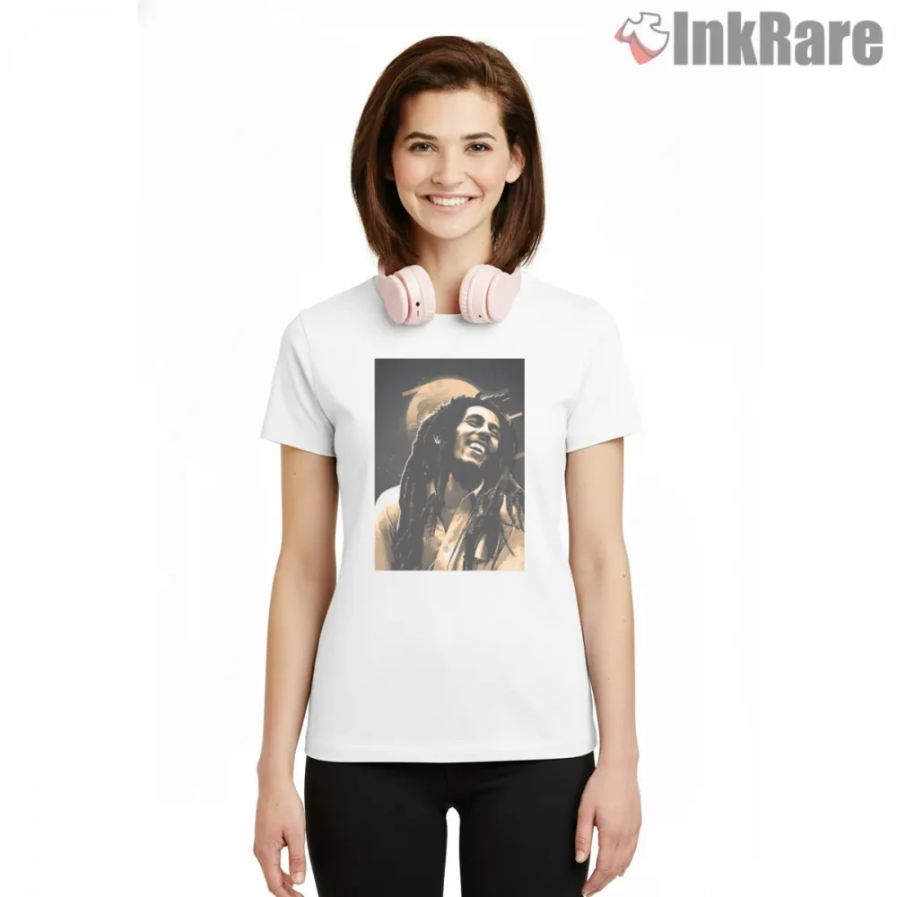 Bob Marley Warm Retro Reggae Portrait Shirt on white short sleeve shirt for women graphic tee