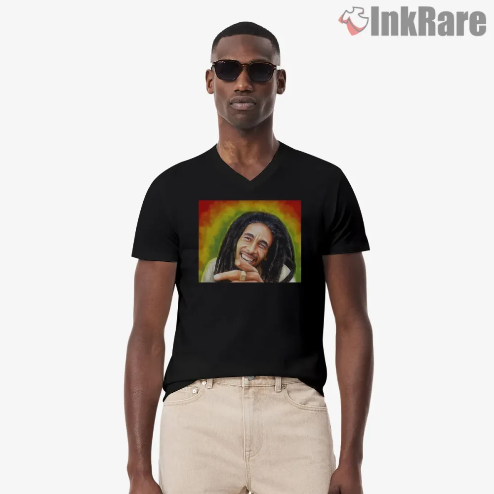 Bob Marley Warm Smile Portrait Shirt on black v-neck shirt for men graphic tee
